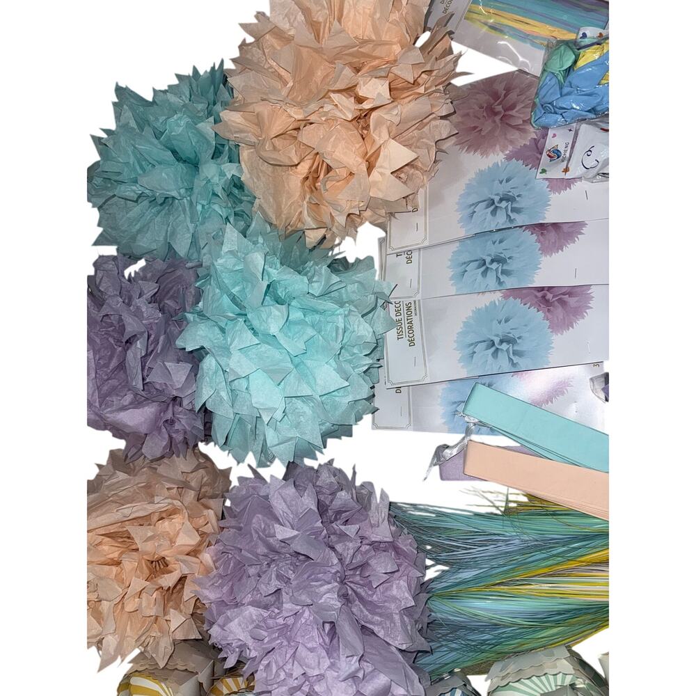 Lot of pastel party supplies balloons, centerpiece, tissue puffs, door hangings - Picture 4 of 5
